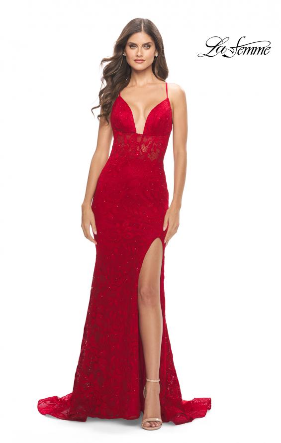 Picture of: Unique Stretch Lace Prom Dress with Sheer Bodice in Red, Style: 31249, Detail Picture 1