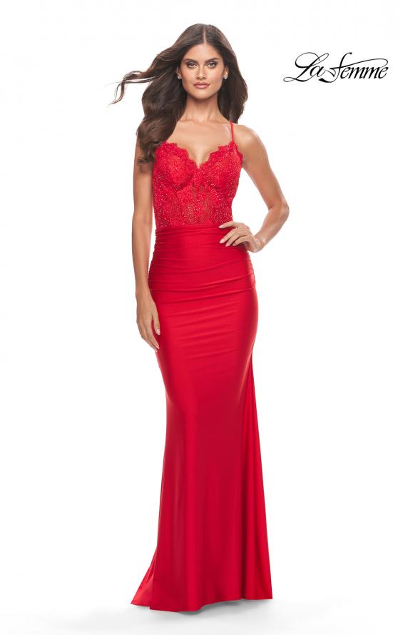 Picture of: Sheer Lace Bodice with Scallop Edge Jersey Long Dress in Red, Style: 31272, Detail Picture 1