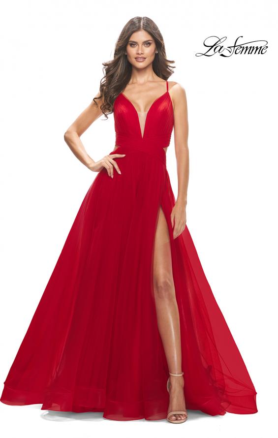 Picture of: Tulle Ball Gown with Side Cut Outs and High Slit in Red, Style: 31347, Detail Picture 1