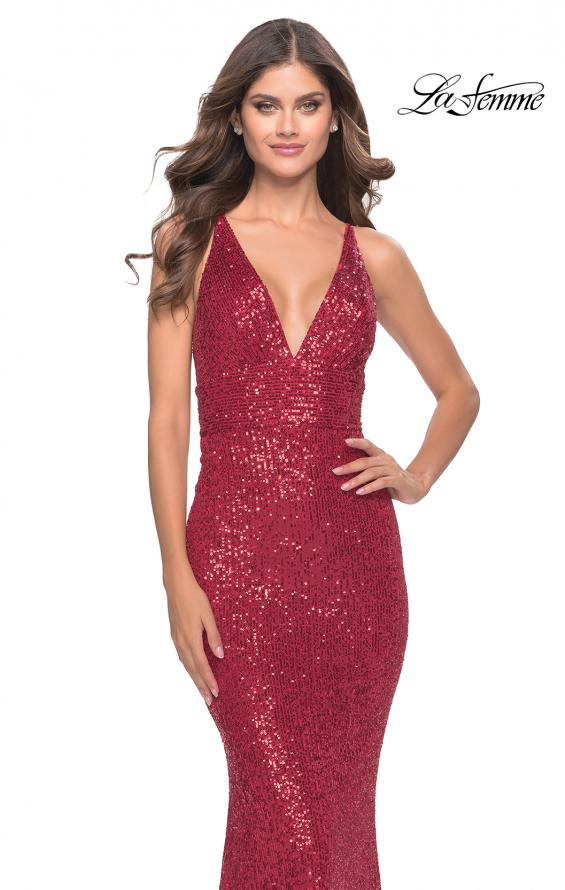 Picture of: Sequin Stretch Long Prom Dress with Banded Waist in Red, Style: 31409, Detail Picture 1