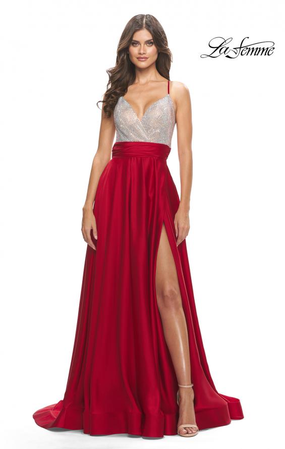 Picture of: Satin Gown with Sheer Rhinestone Bodice in Red, Style: 31592, Detail Picture 1