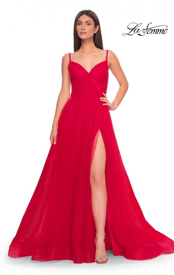 Picture of: Simple Tulle A-LIne Prom Dress with Ruched Illusion Bodice in Red, Style: 32130, Detail Picture 1