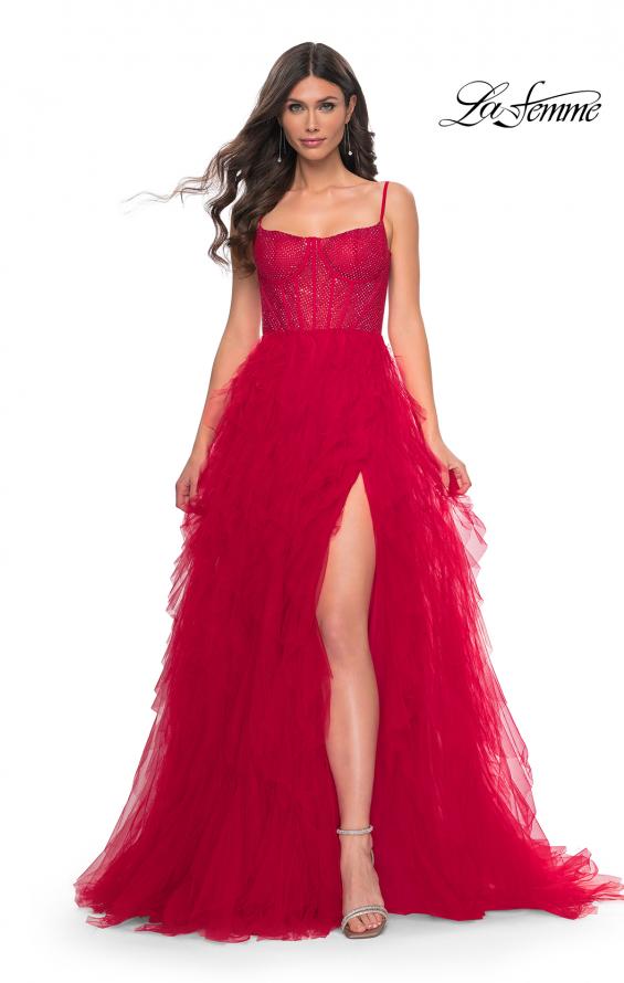 Picture of: Tulle A-Line Dress with Ruffle Skirt and Buster Rhinestone Fishnet Bodice in Red, Style: 32233, Detail Picture 1