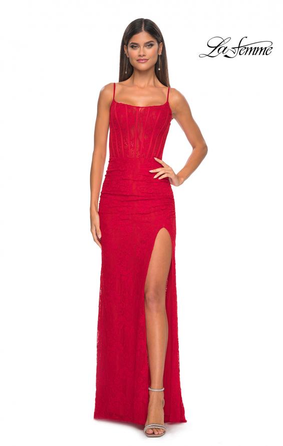 Picture of: Stretch Lace Gown with Boning Detail and Lace Up Back in Red, Style: 32237, Detail Picture 1