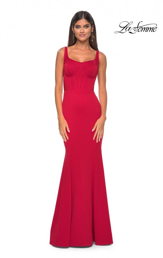 Picture of: Mermaid Jersey Gown with Bustier Top and Lace Up Back in Red, Style: 32268, Detail Picture 1