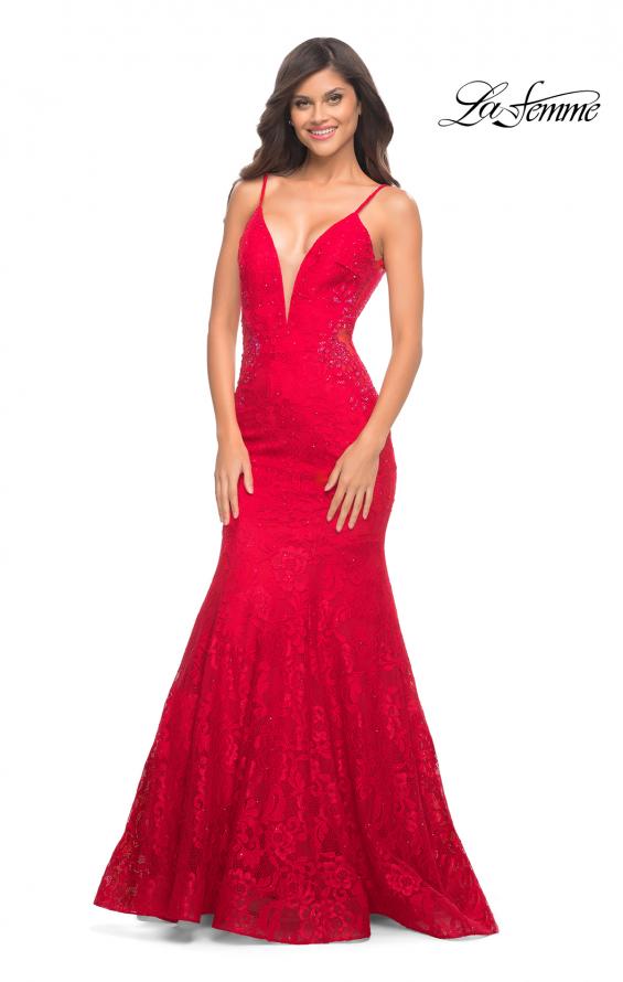 Picture of: Long Mermaid Lace Dress with Back Rhinestone Detail in Red, Style: 28355, Detail Picture 28