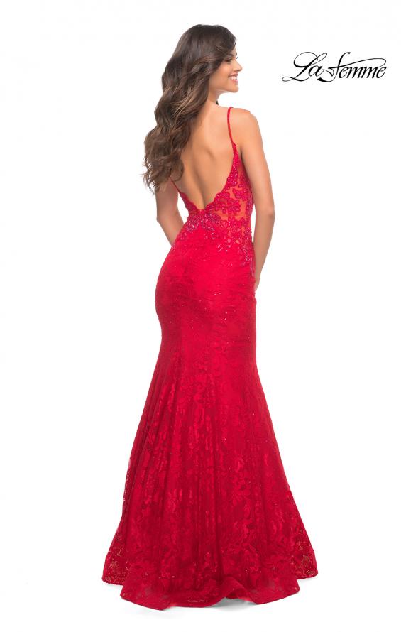 Picture of: Long Mermaid Lace Dress with Back Rhinestone Detail in Red, Style: 28355, Detail Picture 29