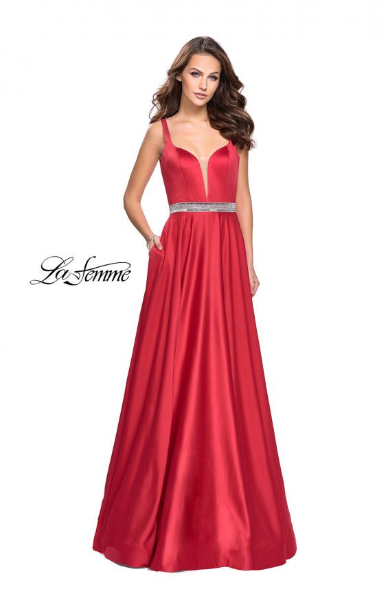Picture of: Satin Prom Dress with A Line Skirt and Beaded Belt in Red, Style: 24821, Detail Picture 2