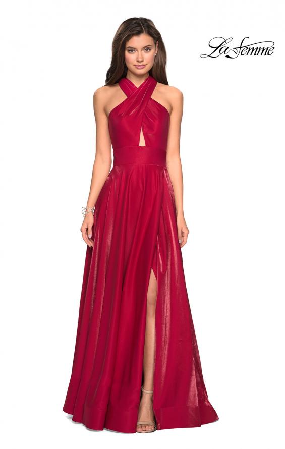Picture of: Tone Tone Satin Dress with Wrap Around High Neckline in Red, Style: 27151, Detail Picture 2