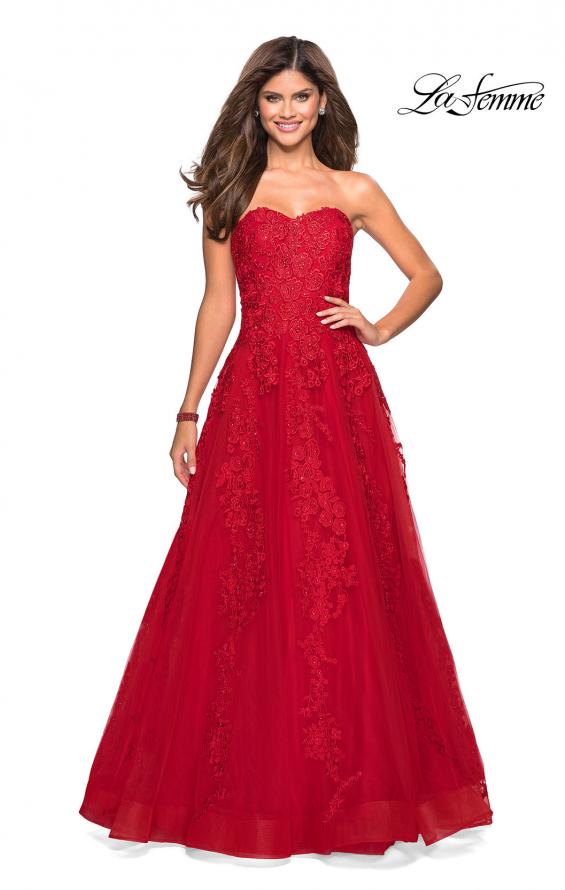 Picture of: Strapless Tulle Prom Dress with Lace Appliques in Red, Style: 27269, Detail Picture 2