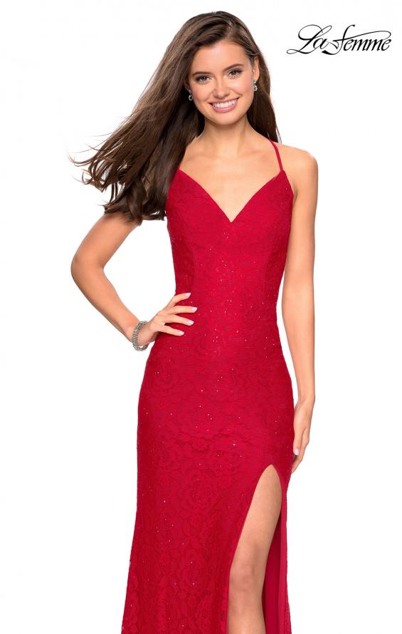 Picture of: Form Fitting Lace Dress with V Neckline and Slit in Red, Style: 27614, Detail Picture 2