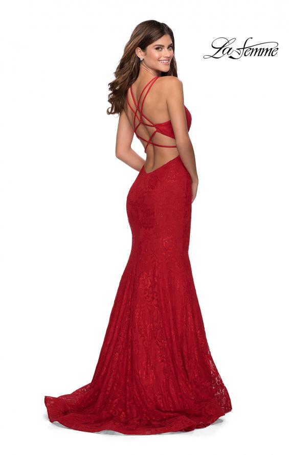 Picture of: Lace Prom Dress with Rhinestones and Strappy Back in Red, Style: 28140, Detail Picture 2