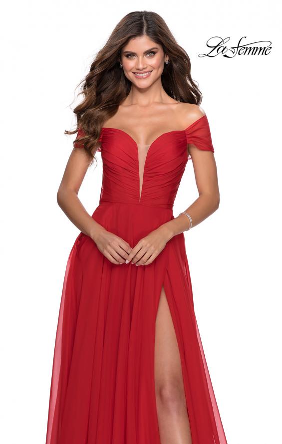 Picture of: Off the Shoulder Chiffon Gown with Plunging Neckline in Red, Style: 28546, Detail Picture 2