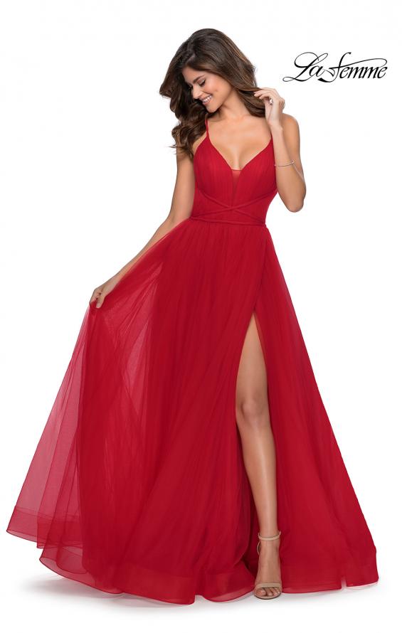 Picture of: Long Tulle Prom Dress with Criss Cross Bodice Detail in Red, Style: 28893, Detail Picture 2