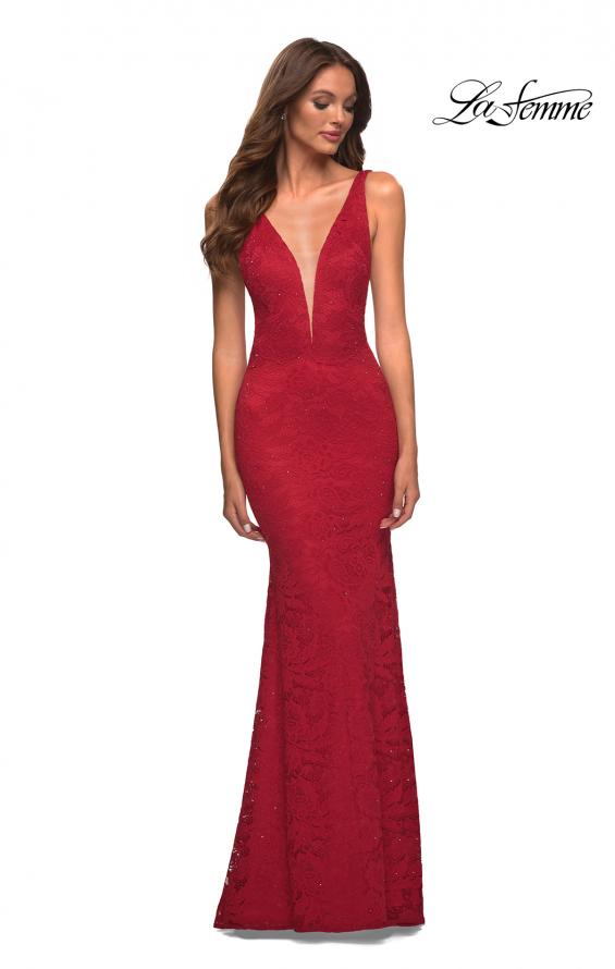 Picture of: Chic Stretch Lace Gown with Deep V Neckline in Red, Detail Picture 2