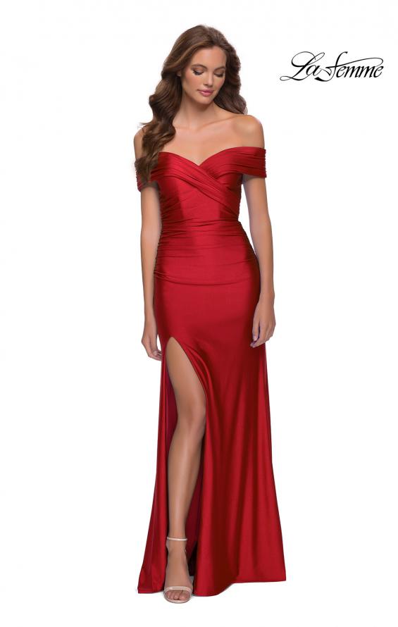 Picture of: Off the Shoulder Chic Jersey Gown with Ruching in Red, Style 29781, Detail Picture 2