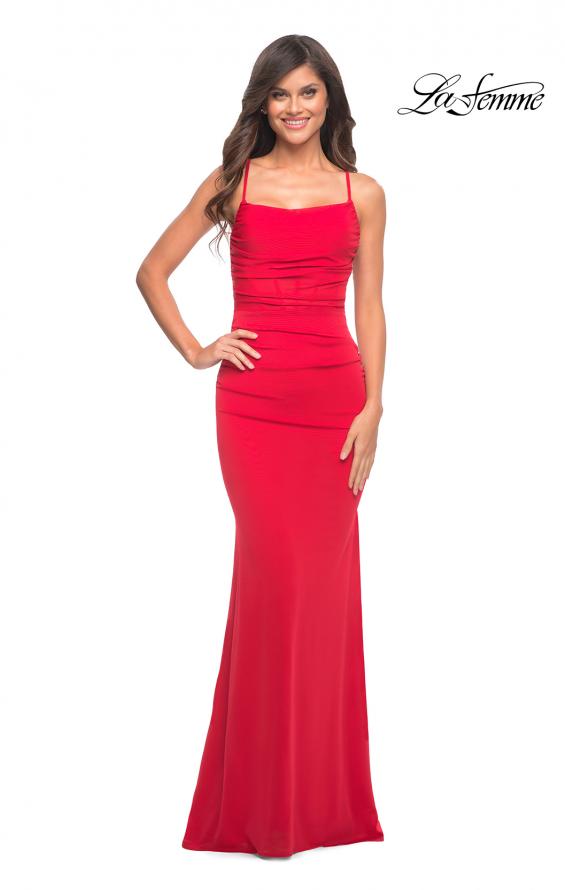 Picture of: Ruched Net Jersey Gown with Square Neckline in Red, Style: 30493, Detail Picture 2