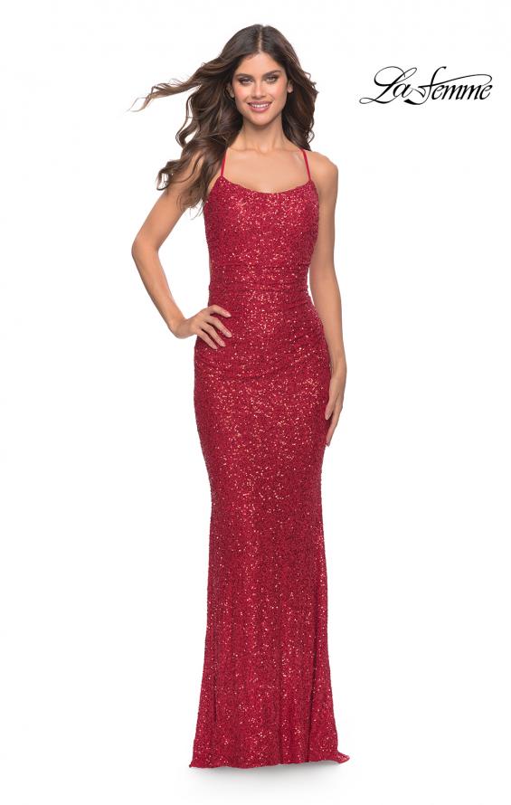 Picture of: Chic Soft Sequin Stretch Dress with Open Back in Jewel Tones in Red, Style: 31027, Detail Picture 2