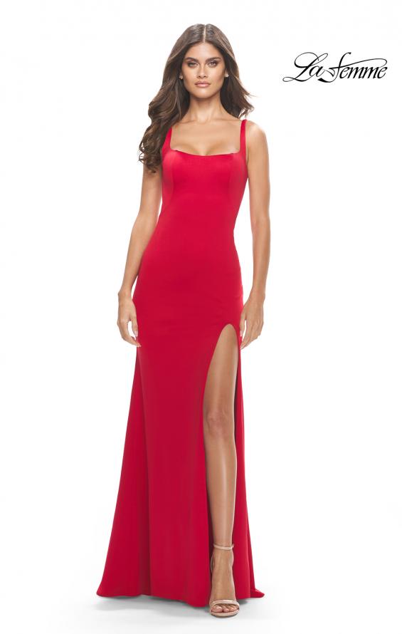 Picture of: Simple Chic Long Jersey Gown with Square Neckline in Red, Style: 31071, Detail Picture 2