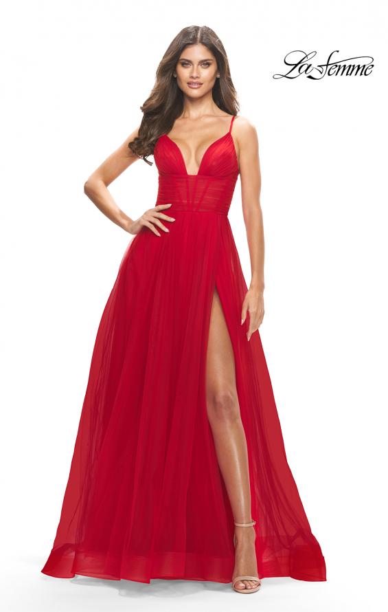 Picture of: A-Line Tulle Gown with Illusion Bodice and Boning in Red, Style: 31147, Detail Picture 2