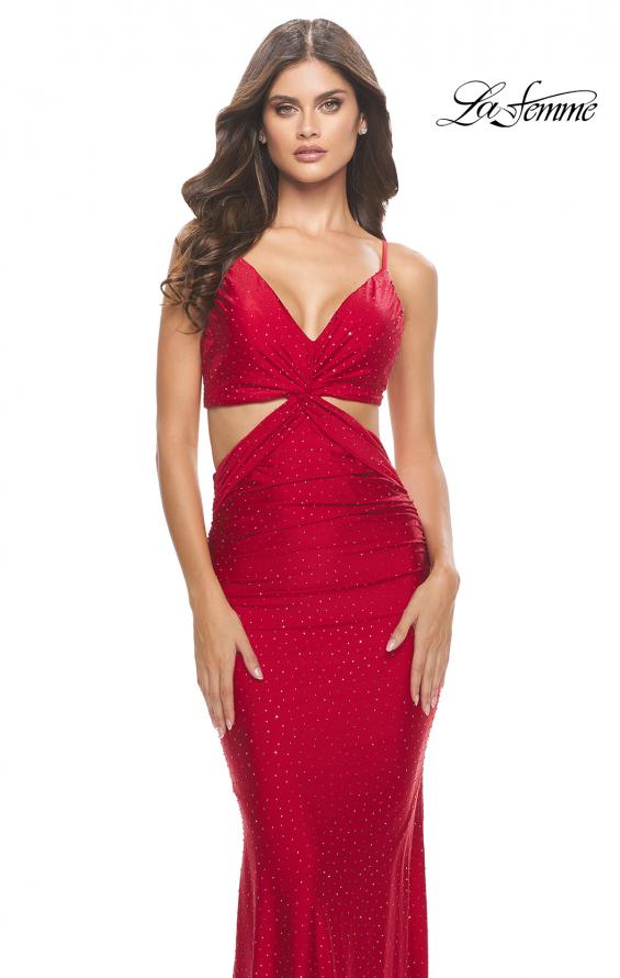 Picture of: Twist Front Cut Out Rhinestone Jersey Dress in Red, Style: 31339, Detail Picture 2