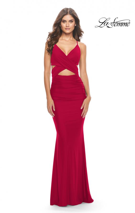 Picture of: Cut Out Long Soft Jersey Dress with Criss Cross Bodice in Red, Style: 31360, Detail Picture 2