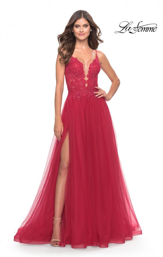 Picture of: A Line Tulle Gown with Lace Bodice and V Back in Red, Style: 31507, Detail Picture 2