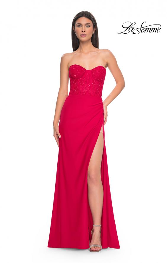 Picture of: Lace Bustier Strapless Dress with Ruched Jersey Skirt in Red, Style: 32234, Detail Picture 2