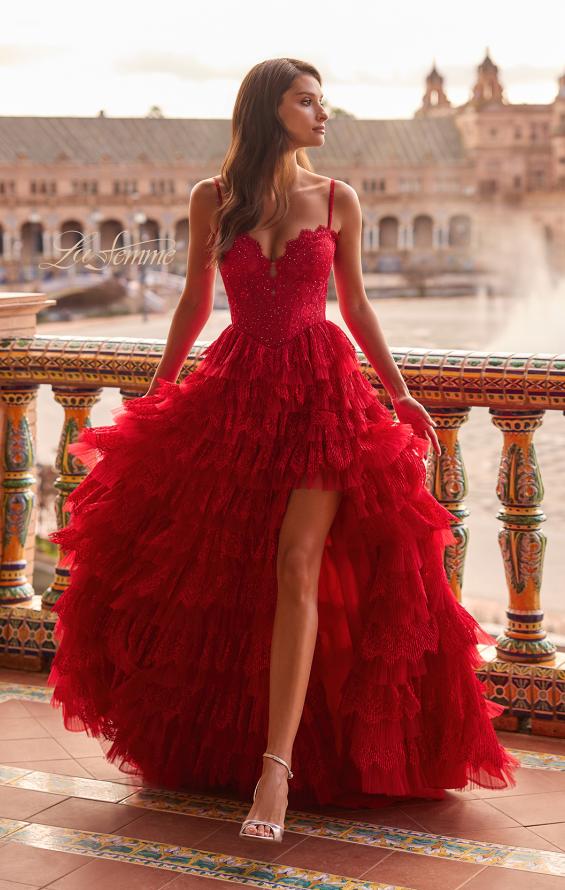 Red Picture of: Tiered Lace A-Line Gown with Corset Bodice and Slit in Red, Style: 33525, Detail Picture 2