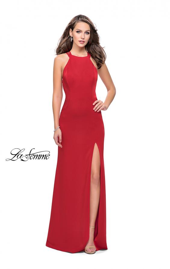 Picture of: Long Satin Halter Prom Dress with Criss Cross Back in Red, Style: 25439, Detail Picture 3
