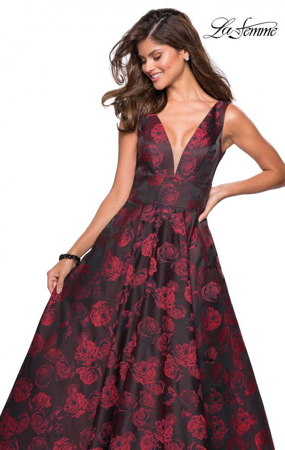 Picture of: Floral A Line Ball Gown with V Back and Pockets in Red, Style: 27298, Detail Picture 3