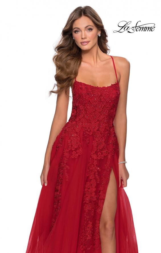 Picture of: A-line Prom Dress with Cascading Lace Detail in Red, Style: 28503, Detail Picture 3