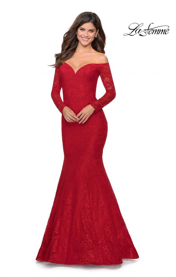 Picture of: Off the Shoulder Lace Long Sleeve Prom Dress in Red, Style: 28569, Detail Picture 3