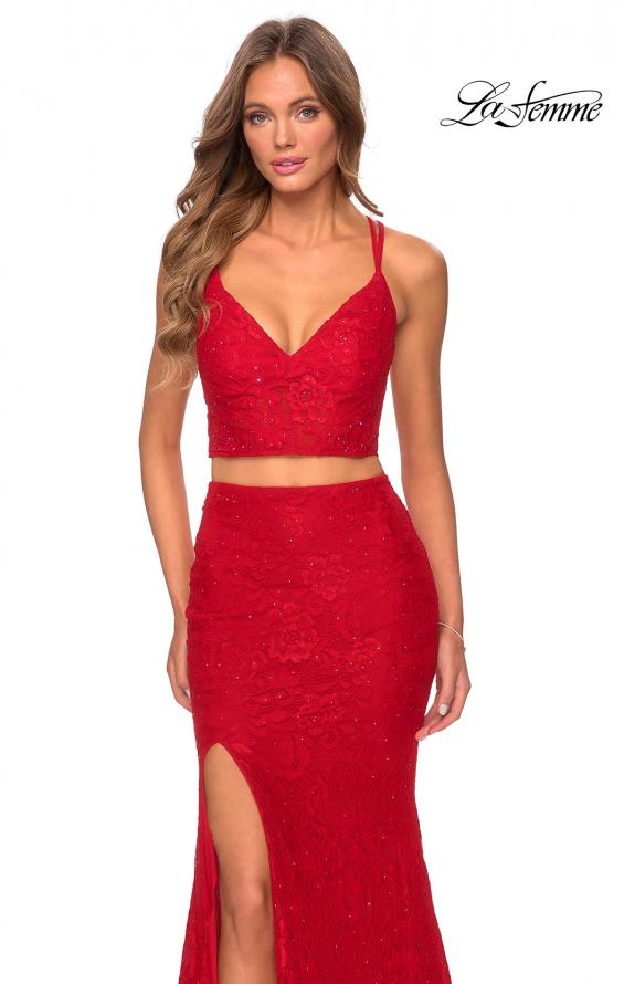 Picture of: Two Piece Lace Dress with Sheer Top and Rhinestones in Red, Style: 28590, Detail Picture 3