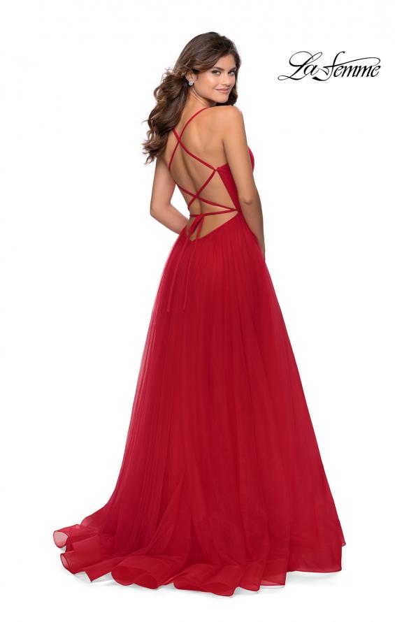 Picture of: Long Tulle Prom Dress with Criss Cross Bodice Detail in Red, Style: 28893, Detail Picture 3