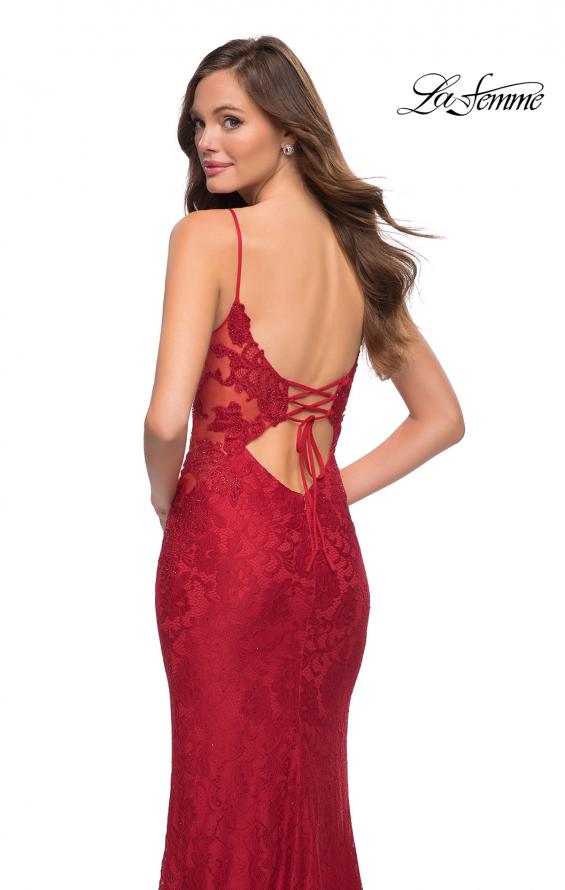 Picture of: Sleek Lace Long Dress with Sheer Sides and Open Back in Red, Style 29694, Detail Picture 3