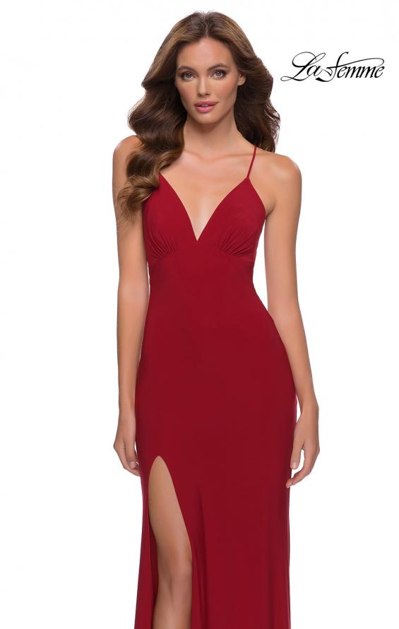 Picture of: Matte Jersey Long Dress with Lace Up Back in Red, Style 29708, Detail Picture 3