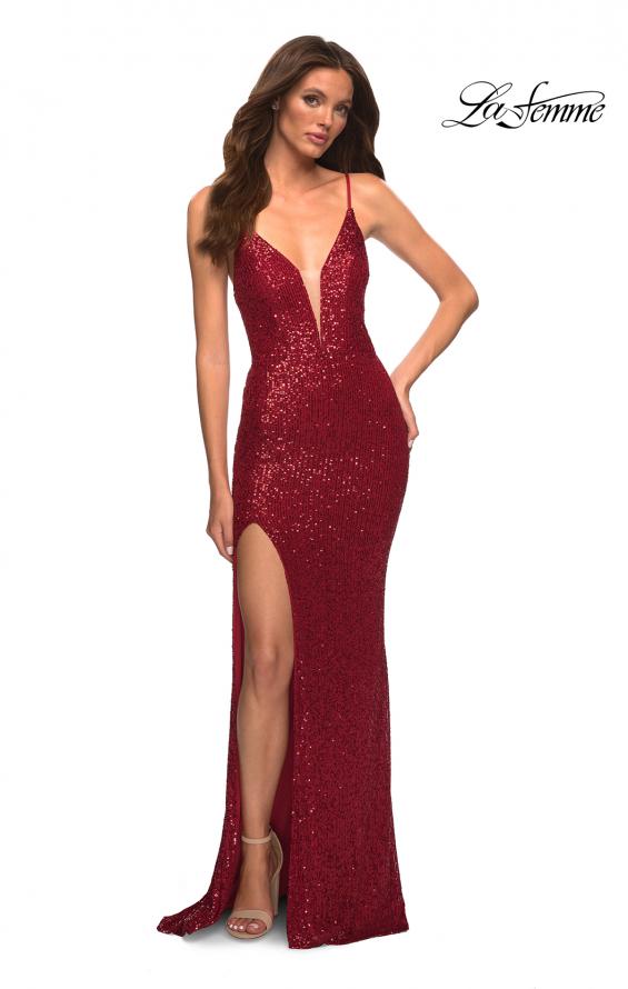 Picture of: Sequin Gown with Deep V Neckline and Lace Up Back in Red, Style: 30388, Detail Picture 3