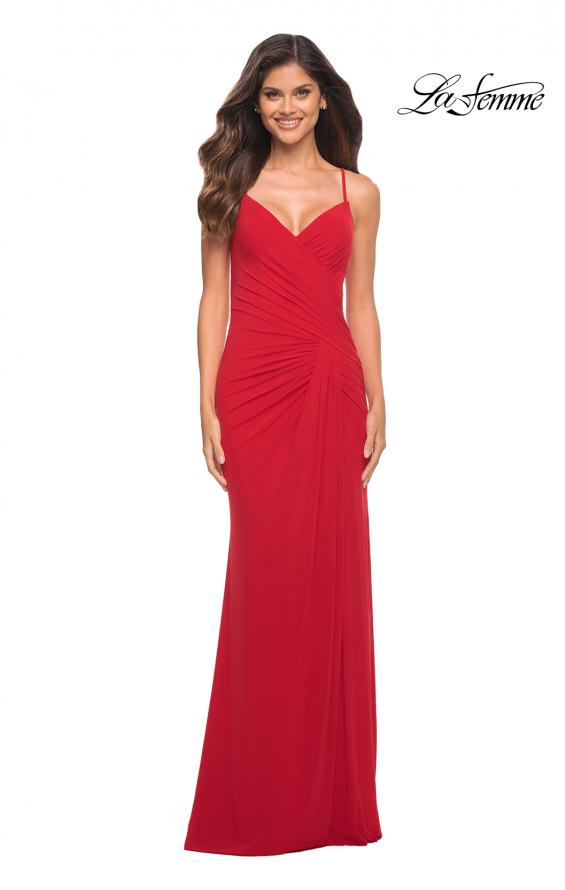 Picture of: Net Jersey Long Ruched Gown with Slit and Open Back in Red, Detail Picture 3