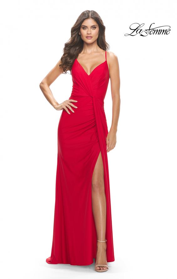 Picture of: Soft Jersey Dress with Knot Waist and Lace Up Back in Red, Style: 31169, Detail Picture 3