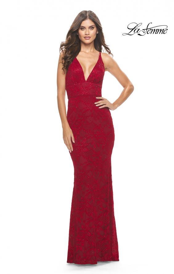 Picture of: Fitted Stretch Lace Prom Dress with Banded Waist in Red, Style: 31234, Detail Picture 3