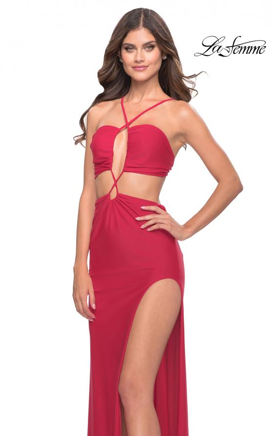 Picture of: Unique Jersey Gown with Front Cut Outs and Criss Cross Straps in Red, Style: 31293, Detail Picture 3