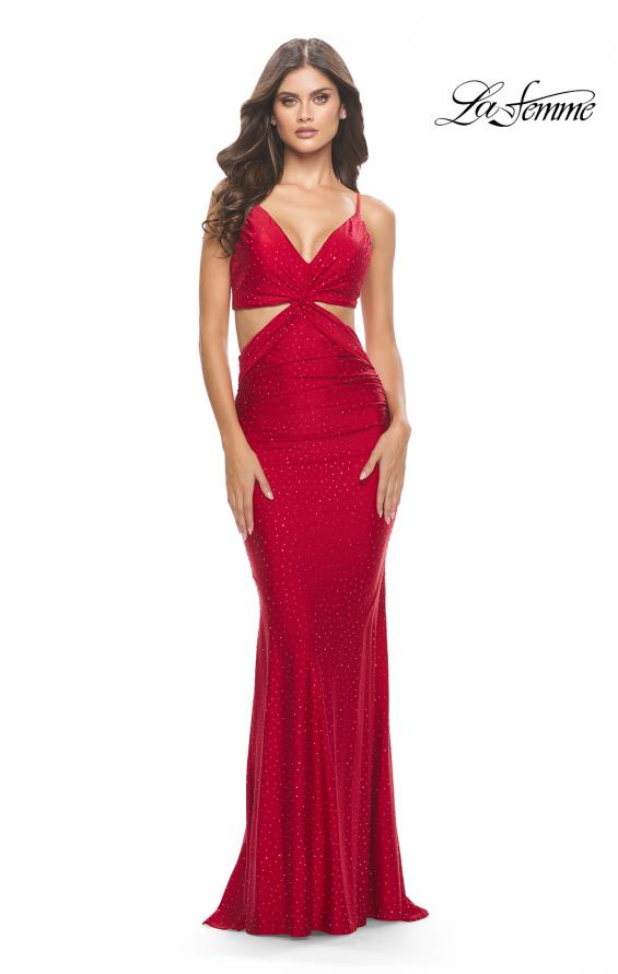 Picture of: Twist Front Cut Out Rhinestone Jersey Dress in Red, Style: 31339, Detail Picture 3