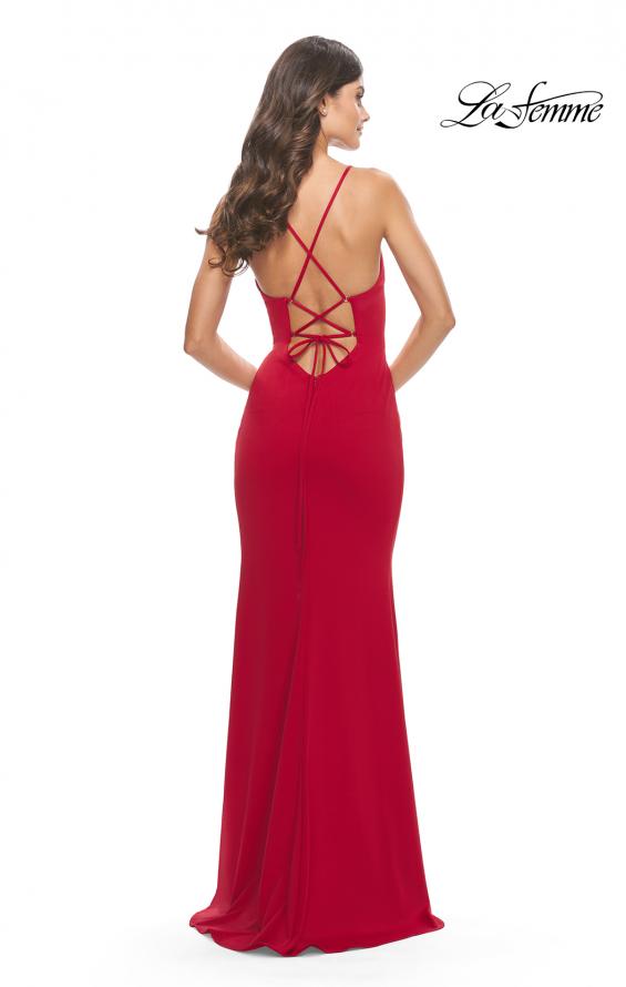Picture of: Fitted Matte Jersey Gown with Unique Deep V Neckline in Red, Style: 31370, Detail Picture 3