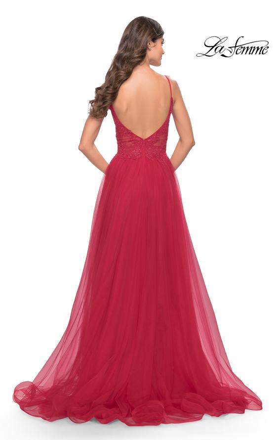 Picture of: A Line Tulle Gown with Lace Bodice and V Back in Red, Style: 31507, Detail Picture 3
