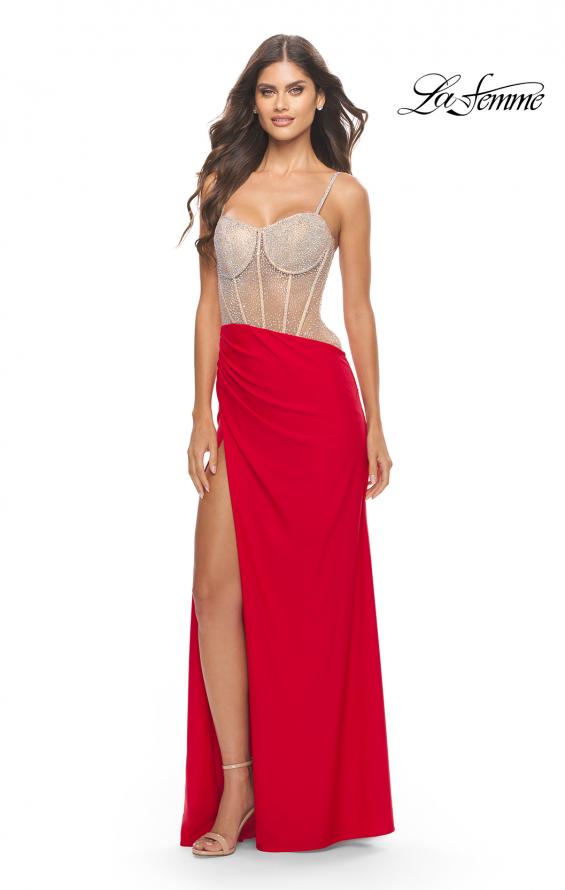 Picture of: Prom Dress with Rhinestone Sheer Bodice and Asymmetrical Skirt in Red, Style: 31537, Detail Picture 3