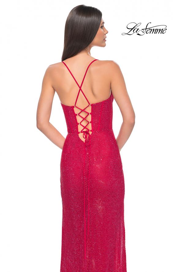 Picture of: Fishnet Rhinestone Prom Dress with Bustier Top and High Slit in Red, Style: 32210, Detail Picture 3