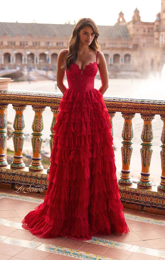 Red Picture of: Tiered Lace A-Line Gown with Corset Bodice and Slit in Red, Style: 33525, Detail Picture 3