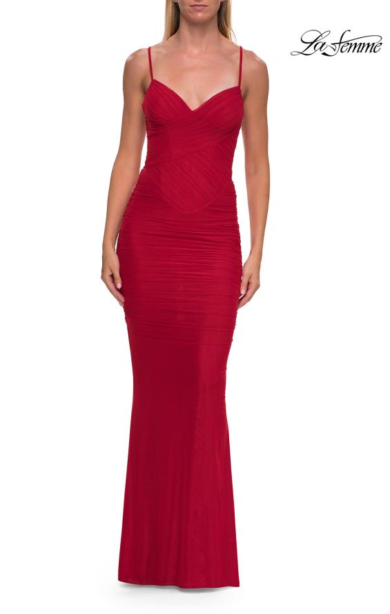 Picture of: Ruched Net Jersey Gown with Lace-Up Back and Drop Waist in Red, Style: 33638, Detail Picture 3