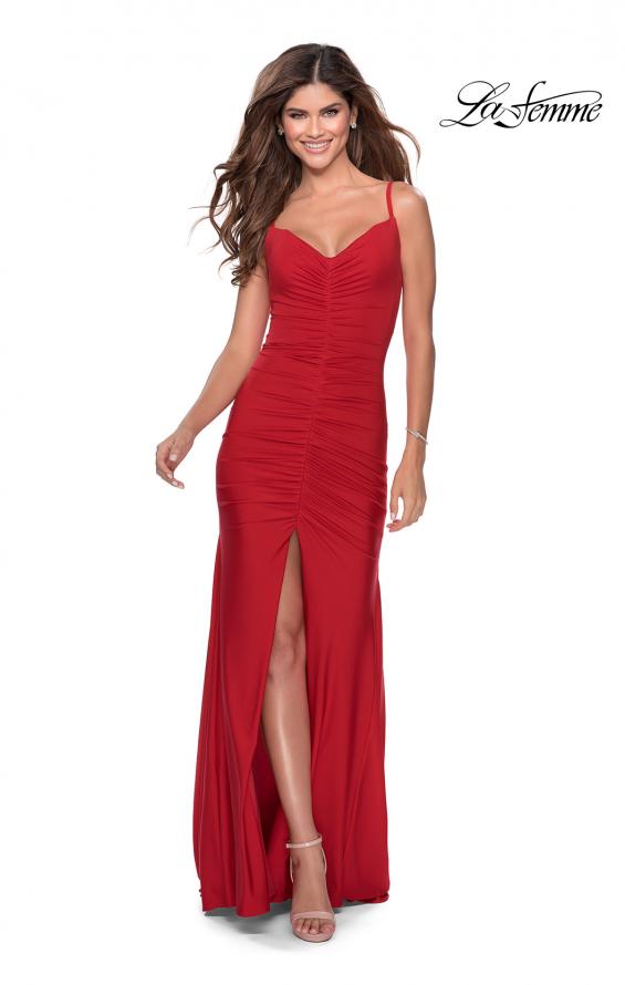 Picture of: Fully Ruched Jersey Prom Dress with Center Slit in Red, Style: 28416, Detail Picture 4
